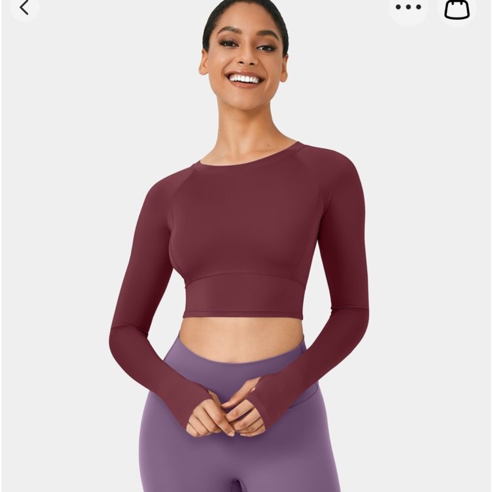 Halara Solid Long Sleeve, Thumb Hole, Yoga Crop Top, Dark Red